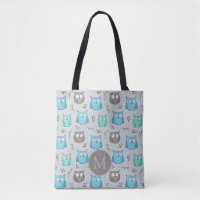 Cute Blue Grey Owl Pattern Monogram