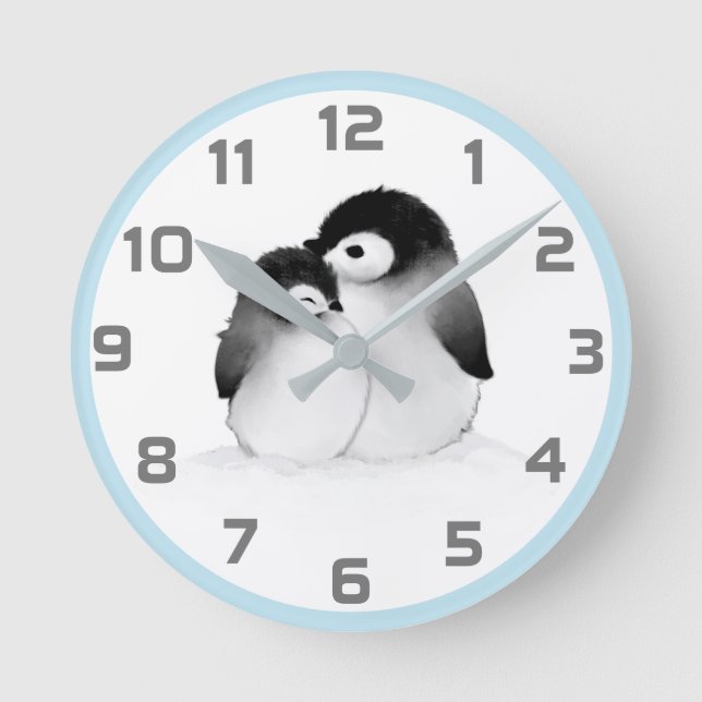 Cute Blue Grey Penguins Wall Clock (Front)