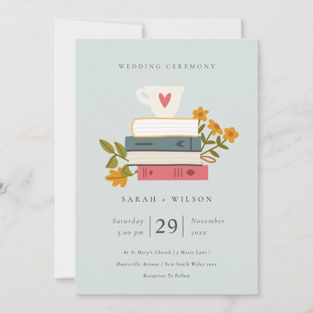 Cute Blue Grey Stacked Books Floral Wedding Invite (Front)