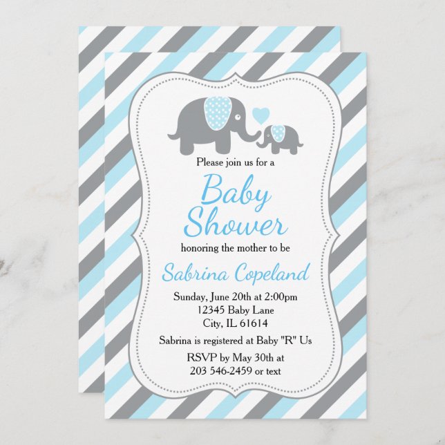 Cute Blue & Grey Stripe Elephant Baby Shower Invitation (Front/Back)