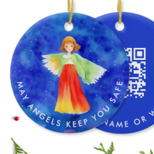 Cute Blue Guardian Angel Website QR Code Scannable Ceramic Tree Decoration