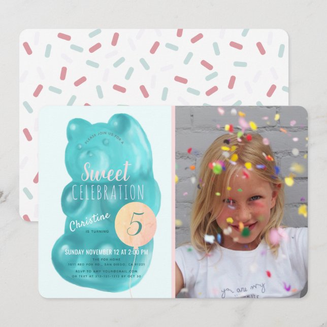 Cute Blue Gummy Bear Sweet Candy Photo Birthday Invitation (Front/Back)