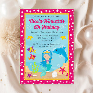 Cute Blue Haired Mermaid Kids Birthday  Invitation