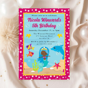 Cute Blue Haired Mermaid Kids Birthday Invitation