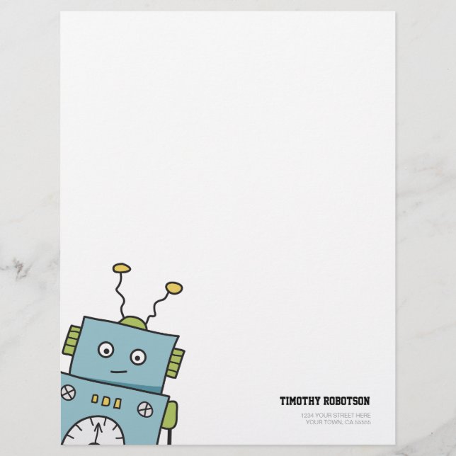 Cute Blue Hand Drawn Robot Customized Letterhead (Front)