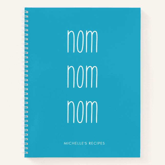 Cute Blue Handwritten Nom Nom Cooking Recipe Notebook (Front)
