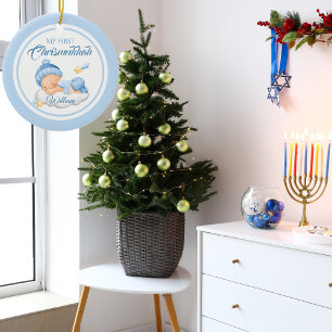 Cute Blue Hanukkah Baby's First Chrismukkah  Ceramic Tree Decoration