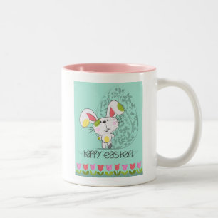 Cute Blue Happy Easter cartoon bunny Two-Tone Coffee Mug