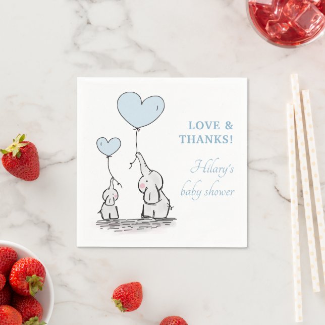 Cute Blue Heart Balloons Boy Elephant Baby Shower Napkin (Insitu)