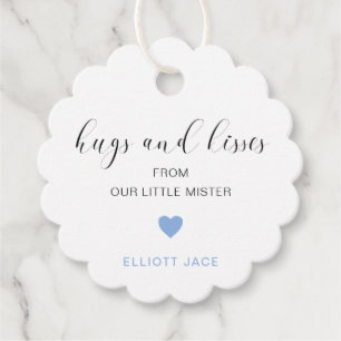 Cute Blue Heart Boy Hugs and Kisses Baby Shower Favour Tags