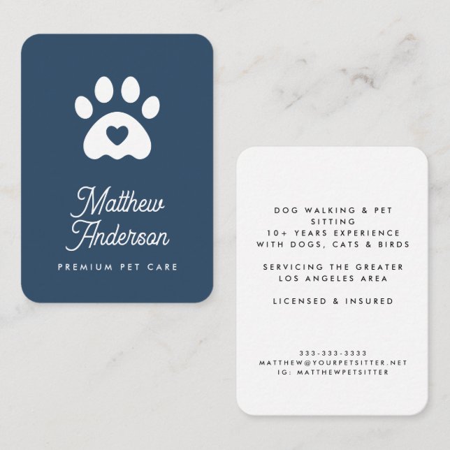 Cute Blue Heart Paw Print Pet Sitter Dog Walker Business Card (Front/Back)