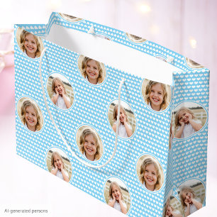 Cute Blue Hearts Kids Birthday Photo Large Gift Bag