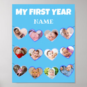 Cute Blue Hearts My First Year 12 Photo Collage Po Poster