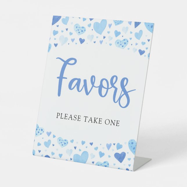 Cute Blue Hearts Valentine Baby Shower Favours Sig Pedestal Sign (Front)