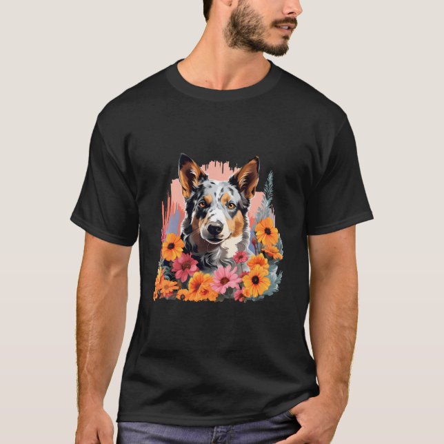 Cute Blue Heeler Spring Flower Garden Australian C T-Shirt (Front)