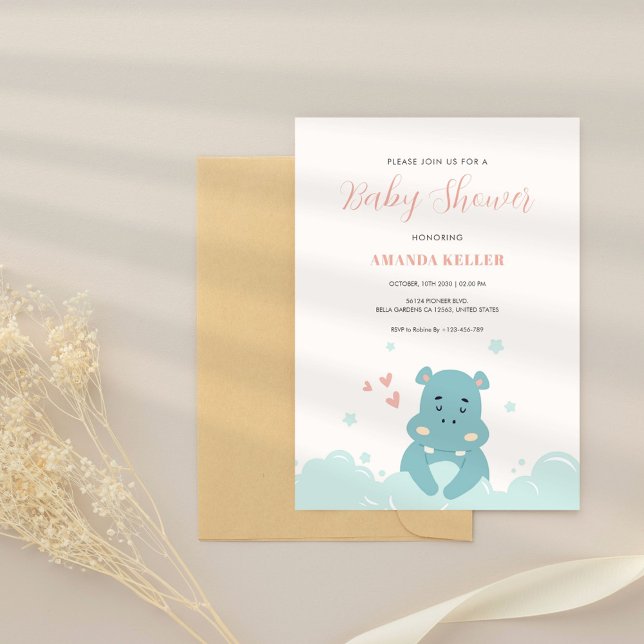 Cute Blue Hippo Baby Shower Invitation (Creator Uploaded)