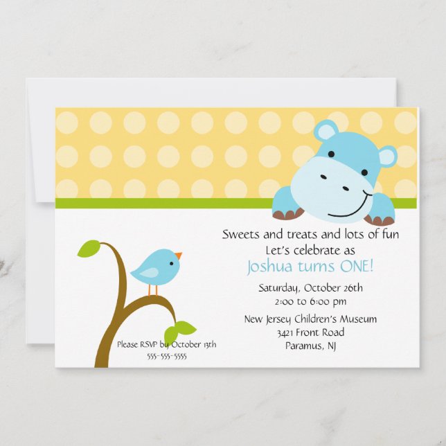 Cute Blue Hippo Birthday Invitation (Front)
