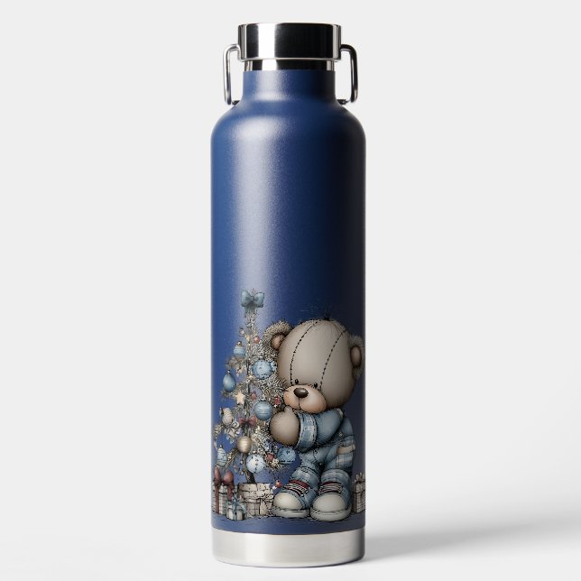 CUTE BLUE HOLIDAY WINTER TEDDY BEARS WATER BOTTLE (Front)