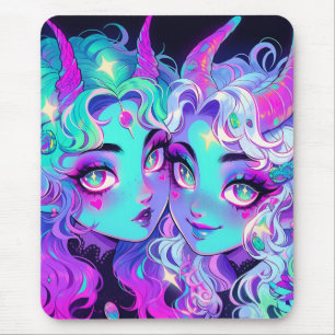 Cute Blue Horned Alien Twins Anime Girls Mouse Pad
