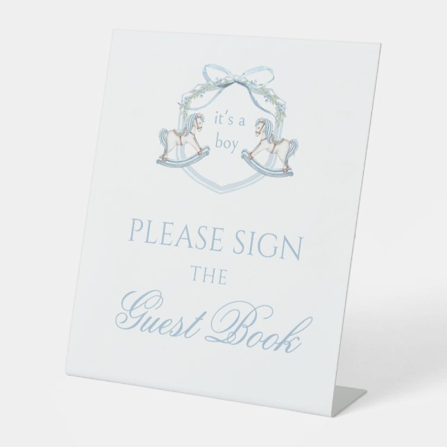 Cute blue horse baby boy shower guest book sign (Front)