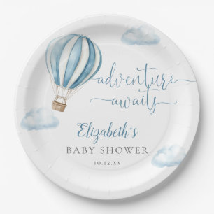 Cute Blue Hot Air Balloon Boy Baby Shower Paper Plate