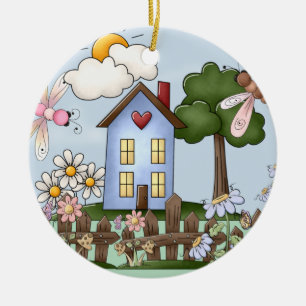 Cute Blue House in the Sunshine Ceramic Tree Decoration