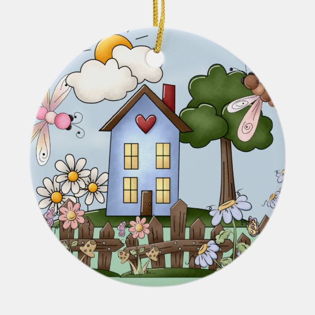 Cute Blue House in the Sunshine Ceramic Tree Decoration (Front)