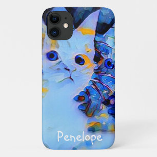 Cute Blue Impressionist Kitten Art with Your Name  Case-Mate iPhone Case