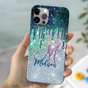 Cute blue iridescent unicorn faux glitter monogram