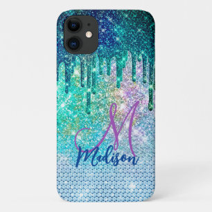Cute blue iridescent unicorn faux glitter monogram Case-Mate iPhone case