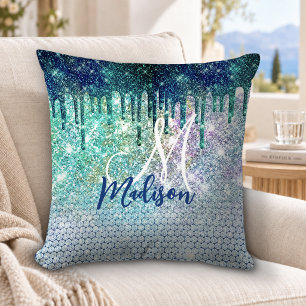Cute blue iridescent unicorn faux glitter monogram cushion