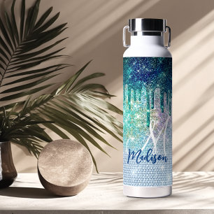 Cute blue iridescent unicorn faux glitter monogram water bottle