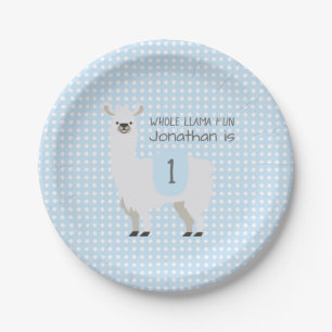 Cute Blue & Ivory Llama Kids Birthday Party Paper Plate