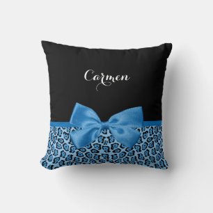 Cute Blue Jaguar Print Bright Blue Ribbon and Name Cushion
