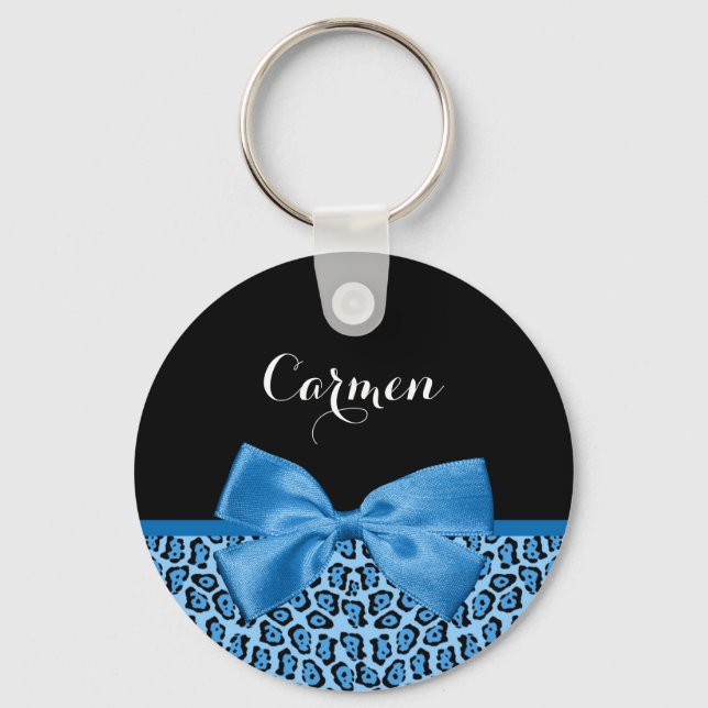 Cute Blue Jaguar Print Bright Blue Ribbon and Name Key Ring (Front)