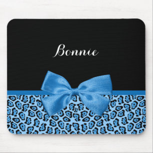 Cute Blue Jaguar Print Bright Blue Ribbon and Name Mouse Pad