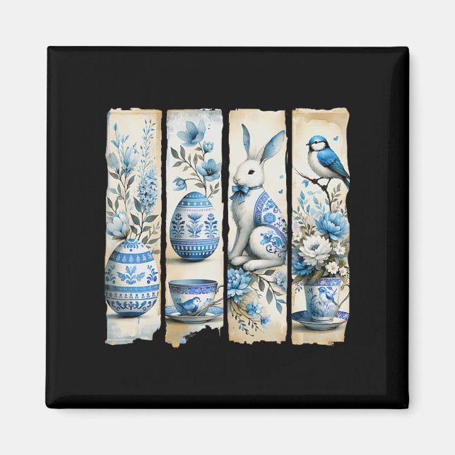 Cute Blue Jay Easter Bunny Eggs Flowers Ripped Pag Magnet (Front)