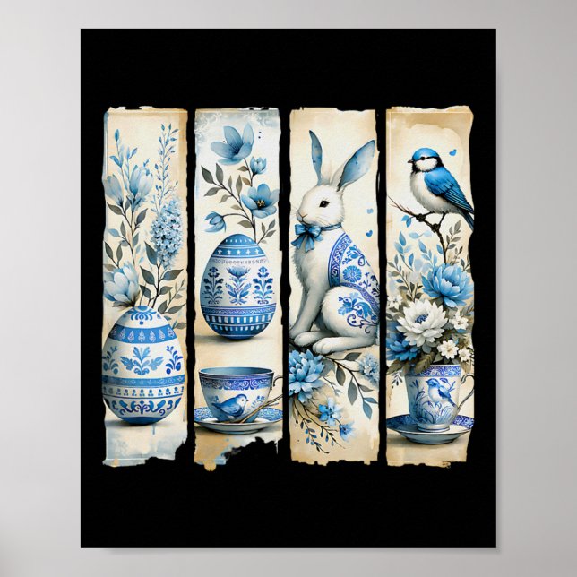 Cute Blue Jay Easter Bunny Eggs Flowers Ripped Pag Poster (Front)