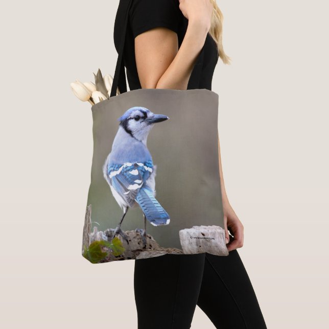 Cute Blue Jay Songbird on Treestump Tote Bag (Close Up)