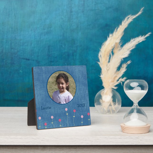 Cute Blue Jeans Flowers Photo Template Plaque (Insitu)