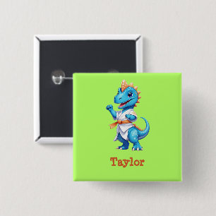 Cute blue karate dinosaur 15 cm square badge