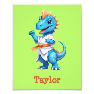 Cute blue karate dinosaur photo print