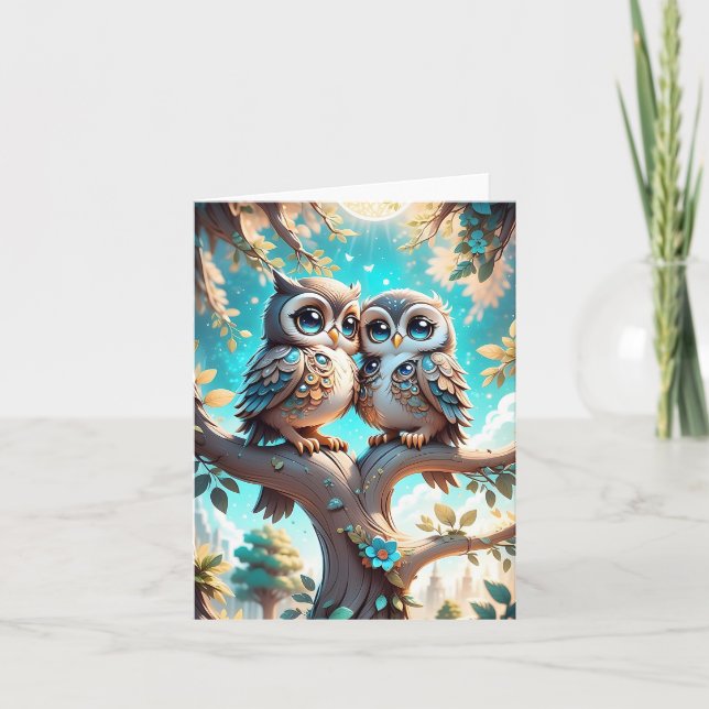 Cute Blue Kawaii Chibi Owls Blank Greeting  Card (Front)