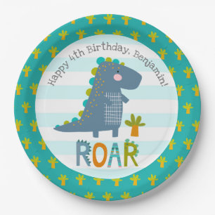 Cute Blue Kawaii Dinosaur Roar Boy Birthday Name Paper Plate