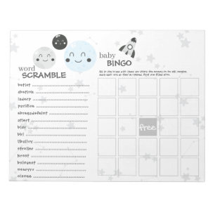Cute Blue Kawaii Planet & Moons Baby Shower Games Notepad