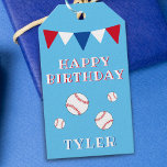 Cute Blue Kids Boy Baseball Birthday  Gift Tags<br><div class="desc">Cute Blue Kids Boy Baseball Birthday Gift Tags. Cute baseball birthday gift tag for children. The design has baseballs and bunting flags in red,  white and blue colours on a blue background. Personalise this birthday tag with a child`s name. Great for a boy who loves baseball and other sports.</div>