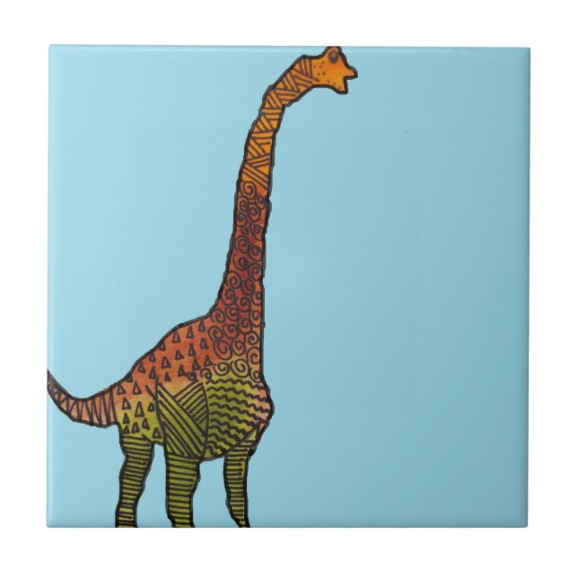 Cute blue kids brachiosaurus dinosaur art tile (Front)