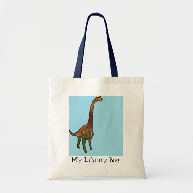 Cute blue kids brachiosaurus dinosaur art tote bag (Front)