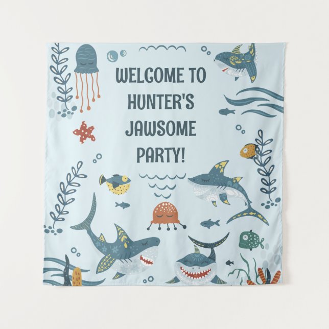 Cute Blue Kid's Shark Birthday Welcome Tapestry (Front)
