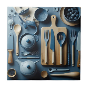 Cute Blue Kitchen Utensils Aesthetic Wallpaper Tile